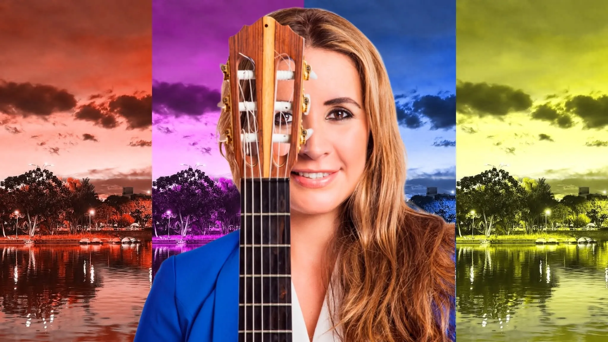 Daiana detrás de su guitarra, con paisajes de colores a los lados